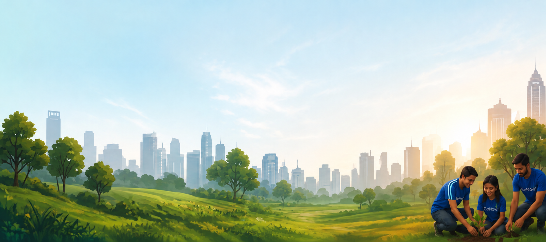 Illustrated Indian cityscape with volunteers planting trees at sunset